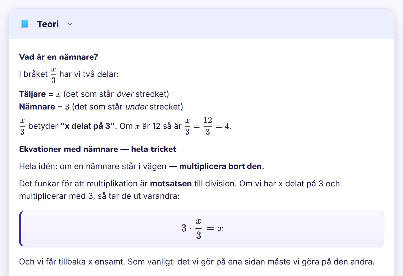 Teori i en riktig Smatte-lektion, Ekvationer med nämnare · Matte 1b